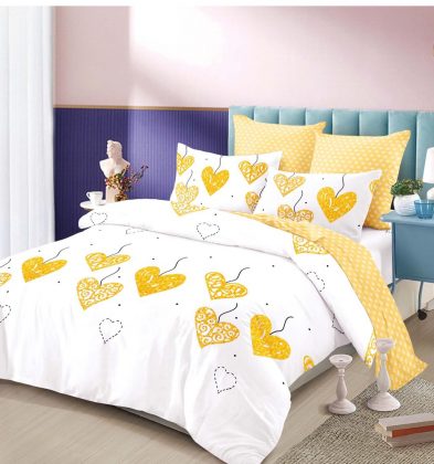 Lenjerie de pat bumbac 100% finet, 2 persoane, 6 piese, Yellow Hearts