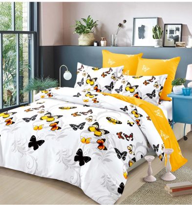 Lenjerie de pat bumbac 100% finet, 2 persoane, 6 piese, Orange Butterflies