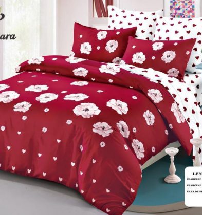 Lenjerie de pat bumbac 100% finet, 2 persoane, 6 piese, Flori Roz