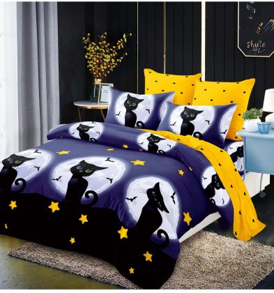 Lenjerie de pat bumbac 100% finet, 2 persoane, 6 piese, Pisica Neagră