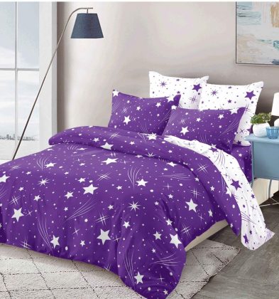 Lenjerie de pat bumbac 100% finet, 2 persoane, 6 piese, Purple Stars