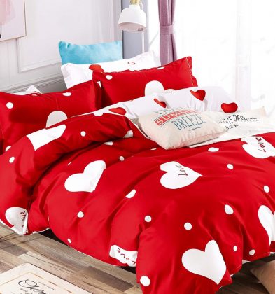Lenjerie de pat bumbac 100% finet, 1 persoană, 4 piese, Inimioare Roșii