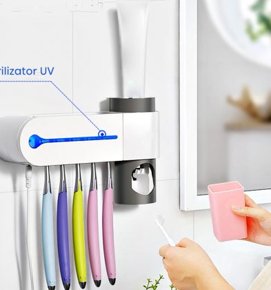 Sterilizator UV pentru periuțe și dozator pastă de dinți cu alimentare solară